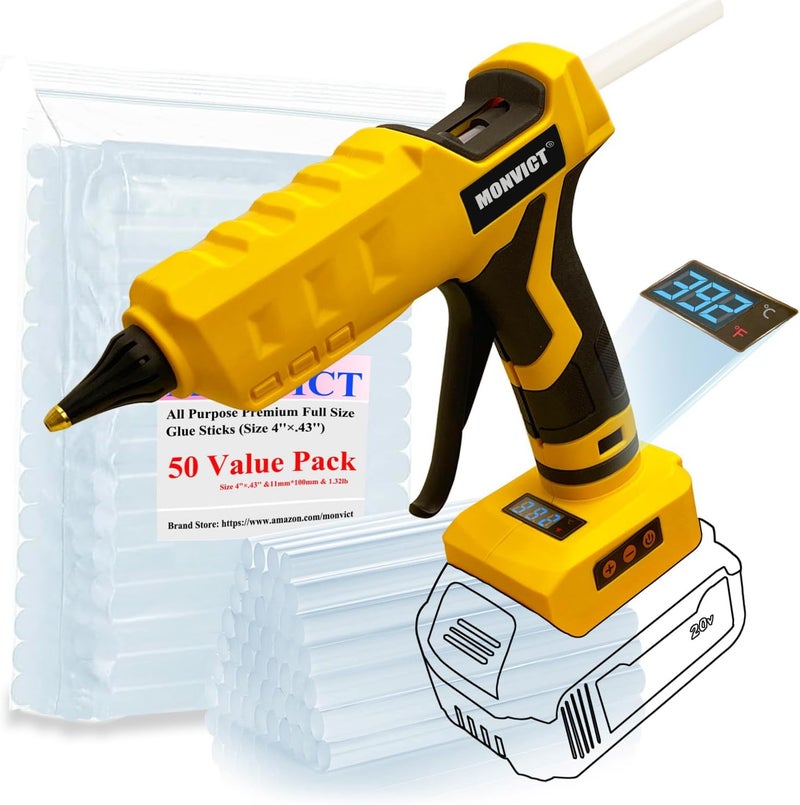 MONVICT Cordless Glue Gun for Dewalt 20V Battery with 50 Glue Sticks, Upgraded 100W Digital Temperature Adjustable Handheld Electric Power Full Size Heavy Duty Hot Glue Gun (Tool only) - Image 1